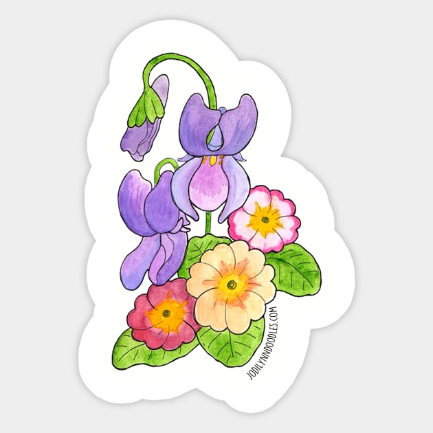 February Birth Flower - Violet and Primrose Sticker by JodiLynnDoodles